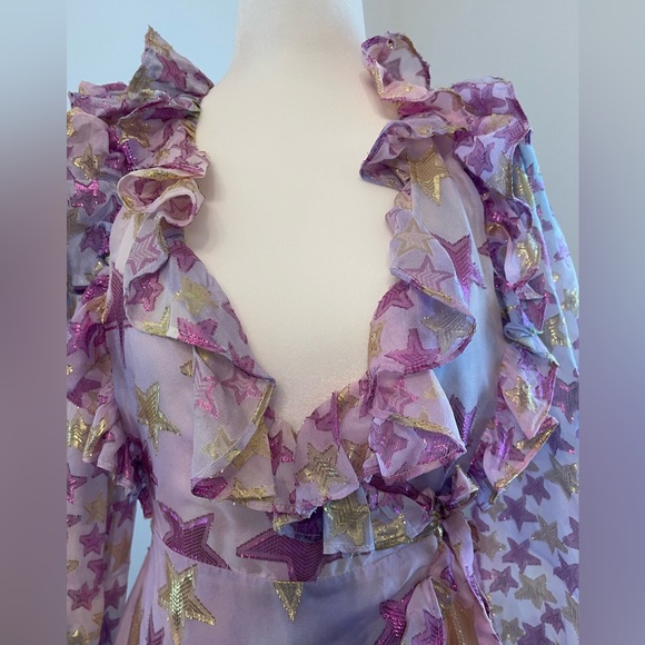LoveShackFancy - Findlay Long Sleeve Ruffle Wrap Mini Dress Purple Metallic Star - Picture 6 of 12